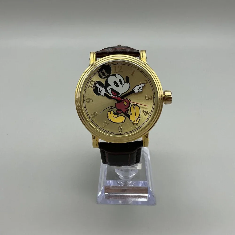 Disney Mickey Mouse Men Watch 43mm Gold Tone Brown Leather P234.85574.4 New Batt